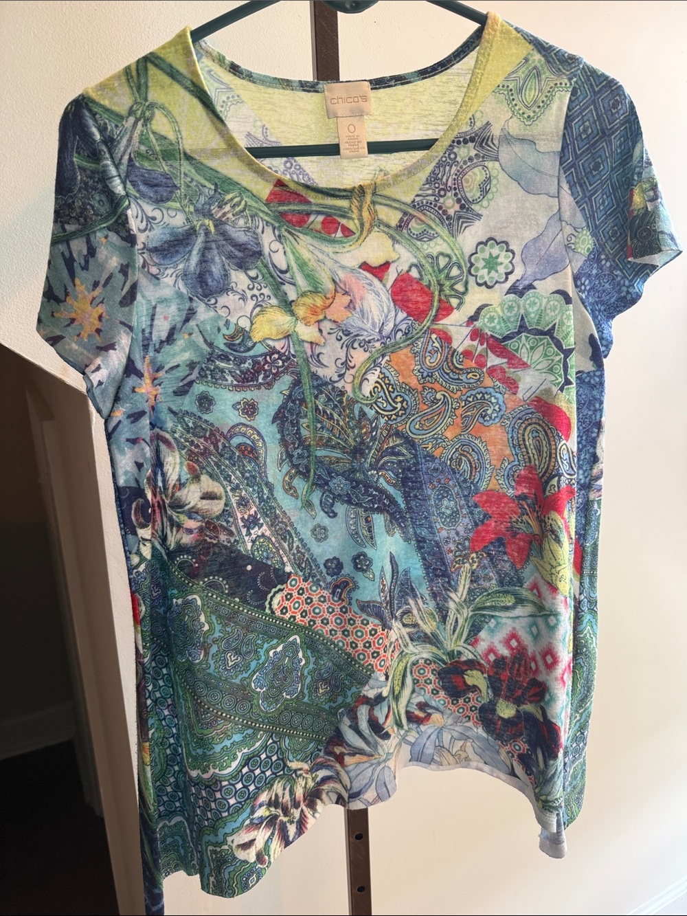 Chico's Multicolor Paisley & Floral Scoop-Neck Tee — Blue Green Red